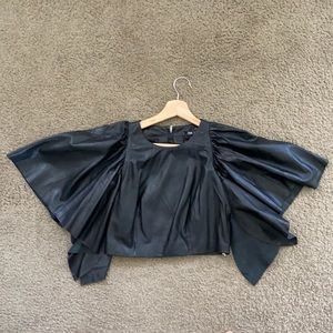 Zara Black Genuine Leather Butterfly Sleeve Top S